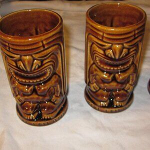 lot OF 4 LEILANI TIKI MUGS HAWAII MCM drip brown glaze 5 in made in Japan 60s
